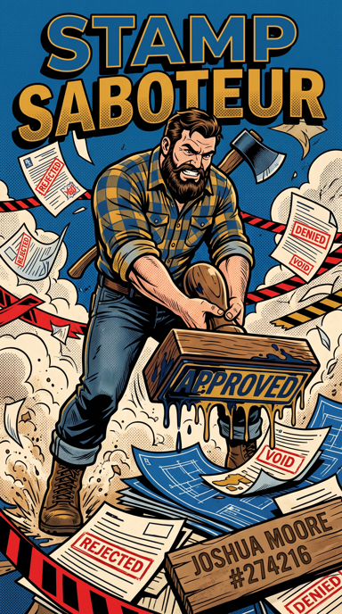 Stamp Saboteur bag tag artwork
